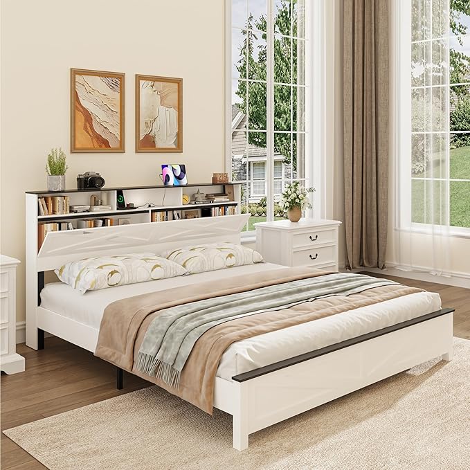 King Size Bed Frame with Wooden Storage Headboard, Farmhouse Platform Bedframe with LED Lights and Charging Station, Easy Assembly, No Box Spring Needed (White, King)
