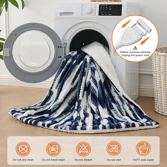Heated Blanket Full - 72"x84" Fast Heating Bed Electric Blankets with 6 Heating Levels & 10 Hours Auto Off, Soft Ribbed Faux Fur Sherpa, Over-Heated Protection ETL, Navy Blue