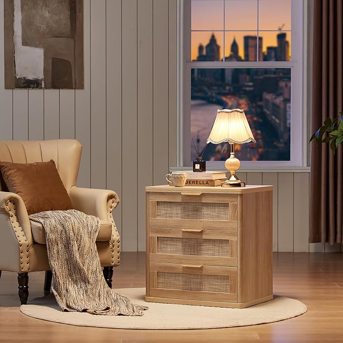 LEYAOYAO Rattan Dresser and Nightstand Set of 2, Boho Wood Dresser for Bedroom with 6 Drawers and Night Stand with 3 Drawer, Bedroom Furniture, Dressers & Chests of Drawers, Living Room, Hallway