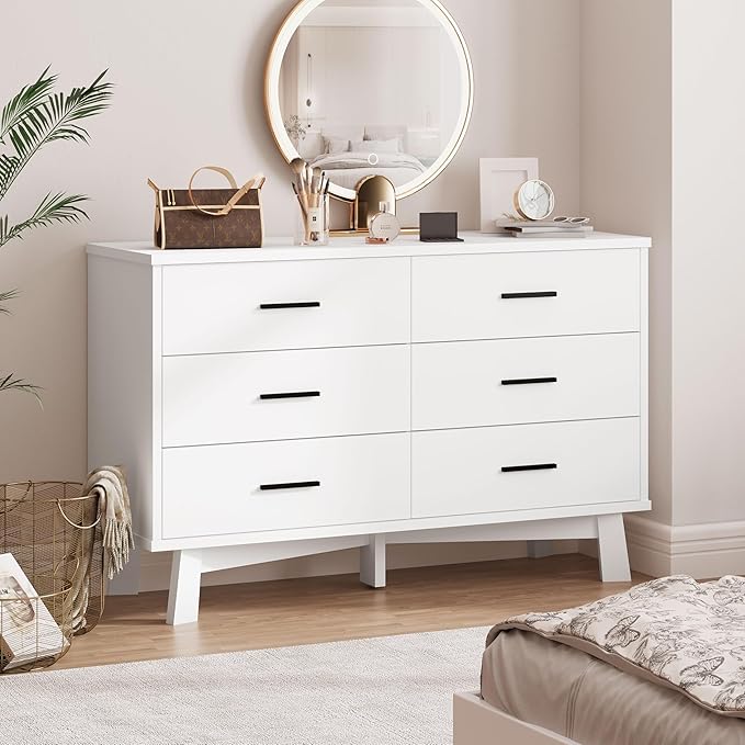 Dresser for Bedroom, 6 Drawer Wide Modern Chest of Drawers with X-Shaped Sturdy Base, Wood Double Dresser Closet Clothes Storage Organizer, Wooden TV Stand for Living Room, Hallway, White