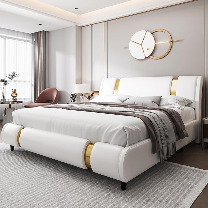 TTVIEW Modern Faux Leather Upholstered Platform Bed Frame with Golden Iron Metal Decor, Adjustable Curved Headboard, Wooden Slats Support, No Box Spring Needed, Queen Size, White
