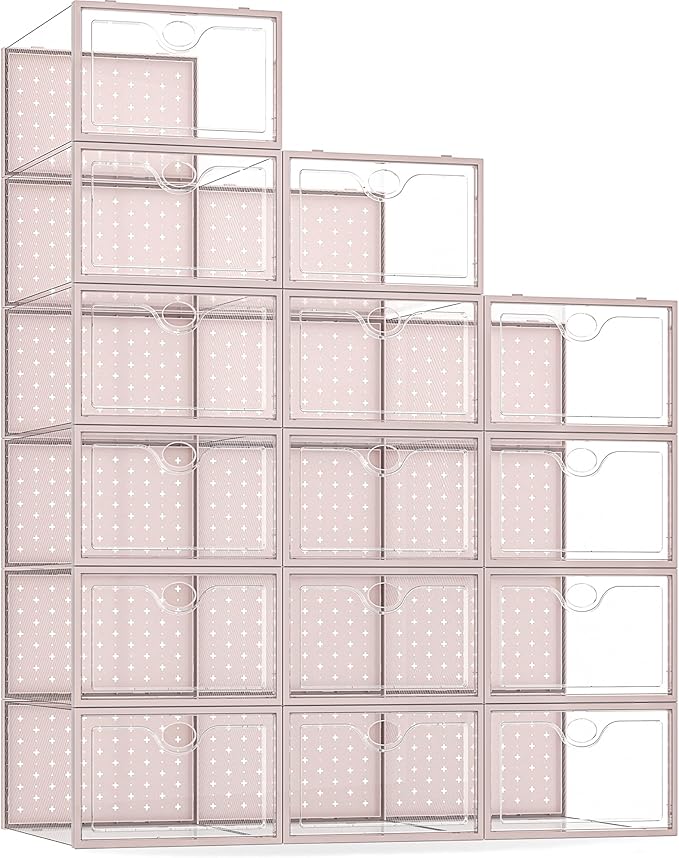 Pinkpum 15 Pack X-Large Shoe Storage Boxes, Shoe Organizer for Closet Clear Plastic Stackable Shoe Dispaly Case Bins Holder, Sneaker Storage for Sneakerheads Pink