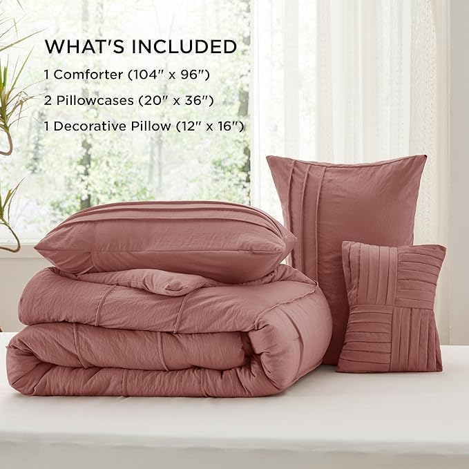 Bedsure California King Comforter Set - 4 Pieces Pinch Pleat Bed Set, Dusty Pink Boho Bedding for All Season, 1 Soft Comforter, 2 Pillowcases, 1 Decorative Pillow