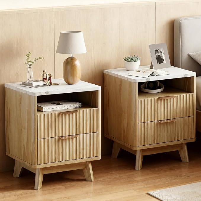 Fluted Nightstand Set of 2, 18" Modern Night Stand with Faux Marble Top, Open Storage Shelf, Fluted Bedside Table for Bedroom, End Table Side Table, Oak