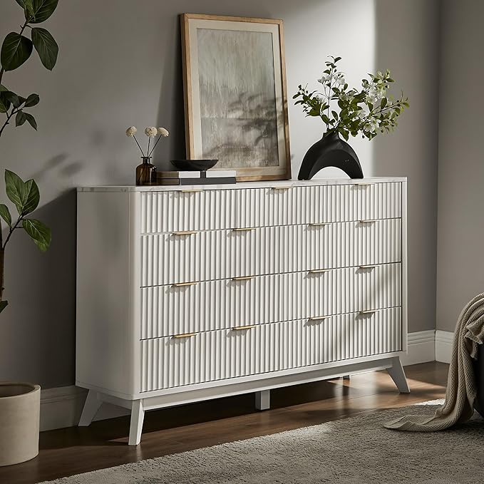 T4TREAM Fluted 9 Drawer Dresser, Modern Chest of Drawers with Faux Marble Top, Curved Profile Design, Dresser TV Stand, Wood Drawer Organizer for Bedroom, Living Room, Hallway, Solid White