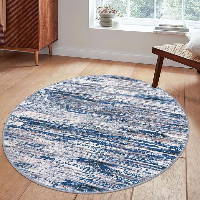 5' Round Rug Washable Rug for Entryway, Navy Blue Gray Neutral Multi Soft Non-Slip Area Rugs Modern Abstract Low-Pile Carpet, Neutral Vintage Circle Rugs for Living Room Dining Bedroom Foyer