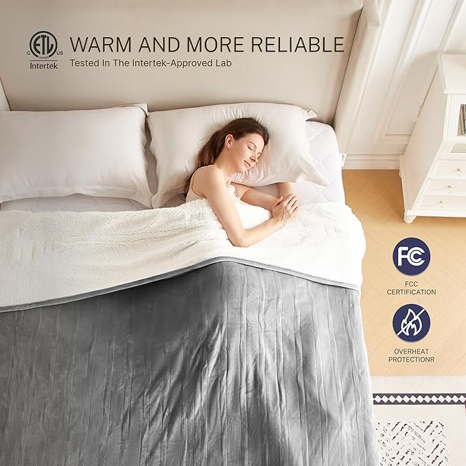 Electric Blanket Full 72"x84" Heated Electric Blankets 10 Heating 12 Time Settings Levels 8 Hours Auto Off Fast Heating and Overheat Protection ETL Certified Machine Washable,Light Grey