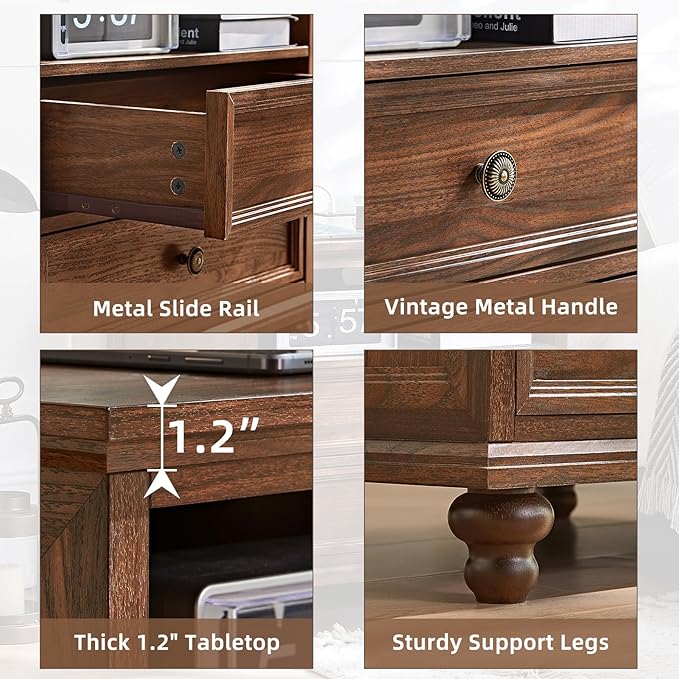 24" Wide Farmhouse Nightstand Set of 2 with Charging Station,End Table with 2 Drawers,Brown Wood Dresser for Bedroom Cabinet, Bed Side Table Chest of Drawers, Night Stand for Living Room