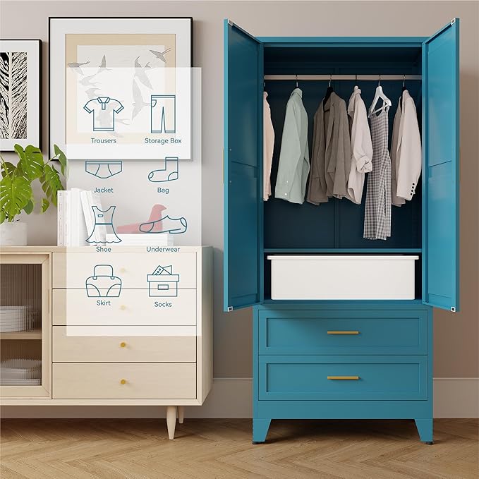 Metal Armoire Wardrobe Closet,71" Tall Blue Storage Cabinet with Hanging Rod,2 Drawers & Adjustable Shelves,Heavy-Duty Steel Wardrobe for Bedroom, Garage, and Office