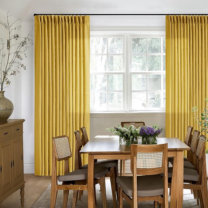 Farmhouse Mustard Yellow Linen Curtains 102 Inches Long for Living Room Pinch Pleated Drape with Hooks Rings for Track System Light Filtering 102 Inch Curtain for Bedroom Sliding Patio Door 2 Panels