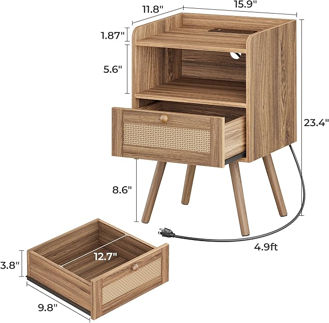SUPERJARE Nightstand with Charging Station & Rattan-Like Decor Drawer, Rattan End Table with Solid Wood Feet, Bed Side Table with Open Storage, for Bedroom, Living Room, Dormitory, Walnut