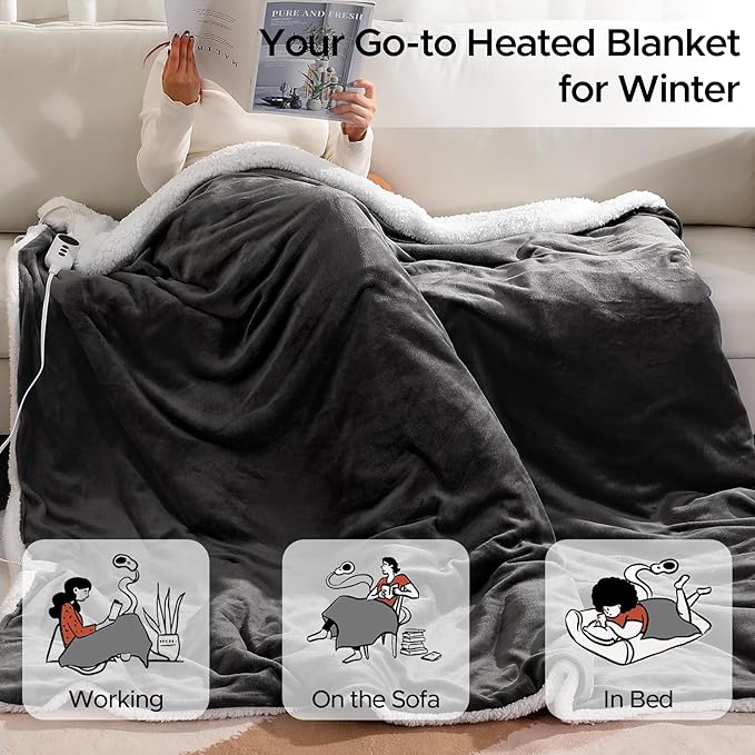 Electric Heated Blanket Throw 50"x60" - Soft Cozy Flannel & Sherpa Fabric Dual-Sided, 9 Heat Settings & 2-10 Hours Auto Off, Warming Heated Throw for Home Office, Machine Washable, Dark Gray