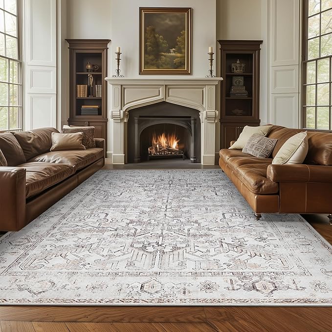 jinchan Lima 9x12 Machine Washable Area Rugs for Living Room - Vintage Floral Stain Resistant Low Pile Ultra-Thin Non Slip Accent Rug for Bedroom Kitchen Dining Room Home Office (9x12ft, Taupe)