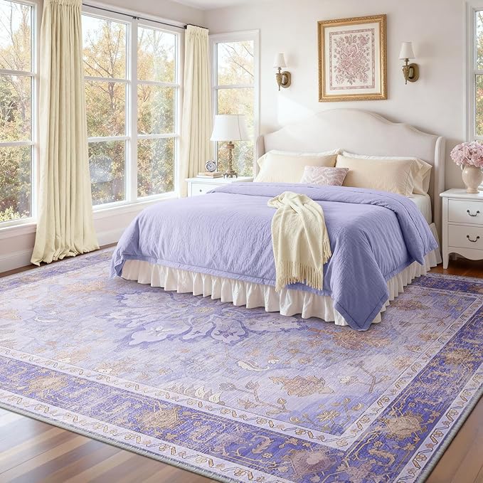 Area Rugs 9'x12' Washable Non-Slip, Floral Vintage Distress Print Pattern Medallion Carpet for Living Room Bedroom Dining Room, Light Purple Brown