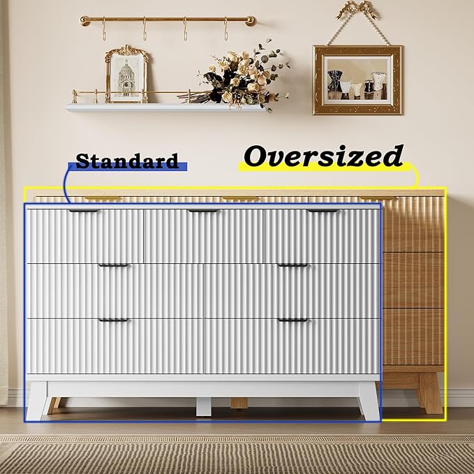 Fluted 7 Drawer Dresser, 47.2" Wide Modern Boho Chest of Drawers, Wooden Storage Dresser TV Stand for Bedroom, Living Room, Closet, Hallway, Curved Profile Design