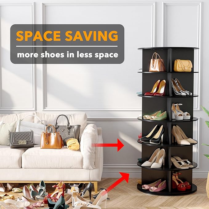 SpaceAid 6 Tier Rotating Shoe Rack Tower, Spinning Shoe Display Lazy Susan, Revolving 360 Shoe Rack Storage Round Carousel, Vertical Handbag Rotate Shoes Closet Organization (6-Tier Black)