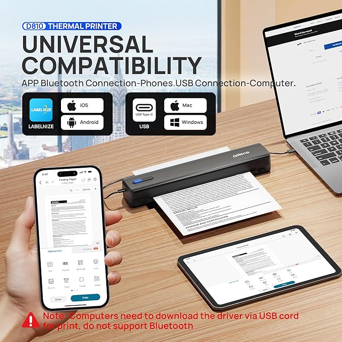 POLONO Portable Printer, D810 Inkless Bluetooth Thermal Printer Wireless for Travel, Compatible with iOS, Android, Laptop, Supports 8.5"x11" US Letter for Office, Car, Home, Black, 1 Pack