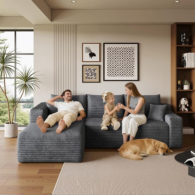 96" Sectional Couches for Living Room Modern Modular Sofa with L-Shape Couchs Upholstered Boneless Couch Deep Seat Sectional Couch with Chaise (Dark Grey, 96" Left Facing Chaise+2Seaters)