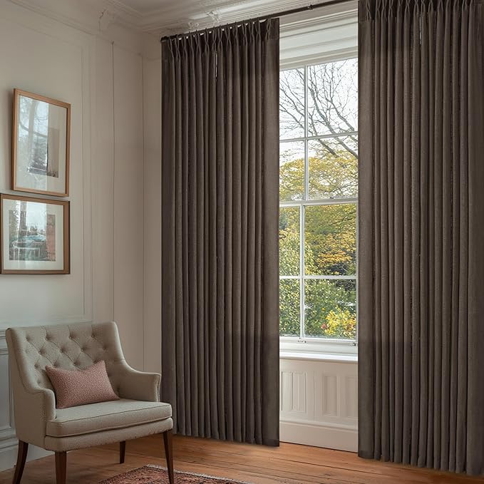 Dark Chocolate Pinch Pleated Linen Curtains 2 Panels for Living Room Bedroom Memory Training Shaped Semi Sheer Pleat Drapes with Hooks Rings Light Filtering Window Curtain 40x84