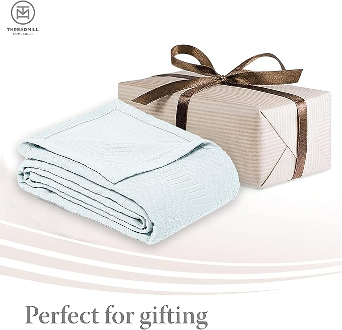 Threadmill Luxury Cotton Blankets for King Size Bed | All-Season Cozy 100% Cotton King Size Blanket | Aster Jacquard Soft & Lightweight Coverlet | Light Blue