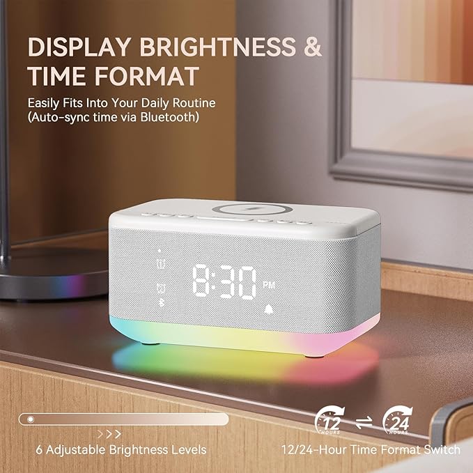 Wireless Charging Alarm Clock Bedroom, Loud Digital Alarm Clocks Bedrooms, Alarm Clock Night Light Speaker 8W Snooze Dual Alarm 12/24H Adjustable Brightness Dimmer Bluetooth, White