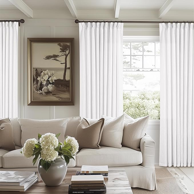 Snow White Pinch Pleated Linen Curtains 1 Panel for Living Room Bedroom Memory Training Shaped Semi Sheer Pleat Drapes with Hooks Rings Light Filtering Window Curtain 60x108