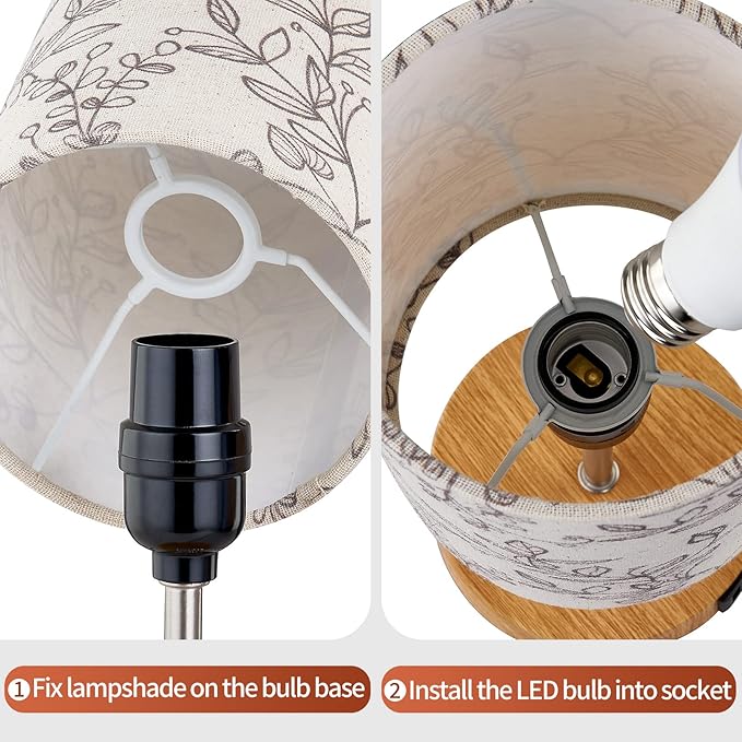 Bedside Touch Lamp, Wood Small Table lamp for Bedroom with 2 USB Charging Ports & Flower Fabric Shade, 3-Way Dimmable Nightstand Lamps for Living Room Office Reading Desk Home Dorm(LED Bulb Included)