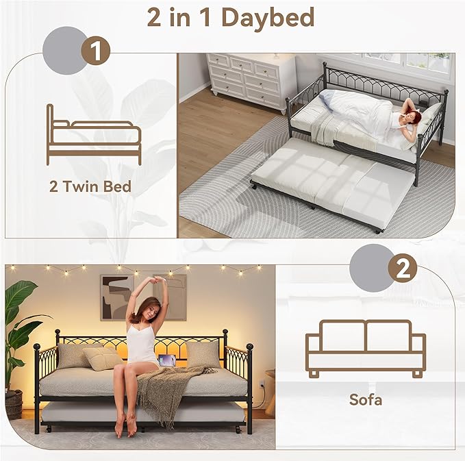 GarveeHome Daybed with Trundle, Metal Twin Trundle Bed with Charging Station & LED Lights, Sofa Beds Frame with Pull Out Bed for Living Room, Guest Room, Apartment, Small Spaces, Black