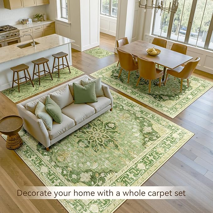 Area Rugs 6'x9' Washable Non-Slip, Floral Vintage Distress Print Pattern Medallion Carpet for Living Room Bedroom Dining Room, Sage Green Yellow