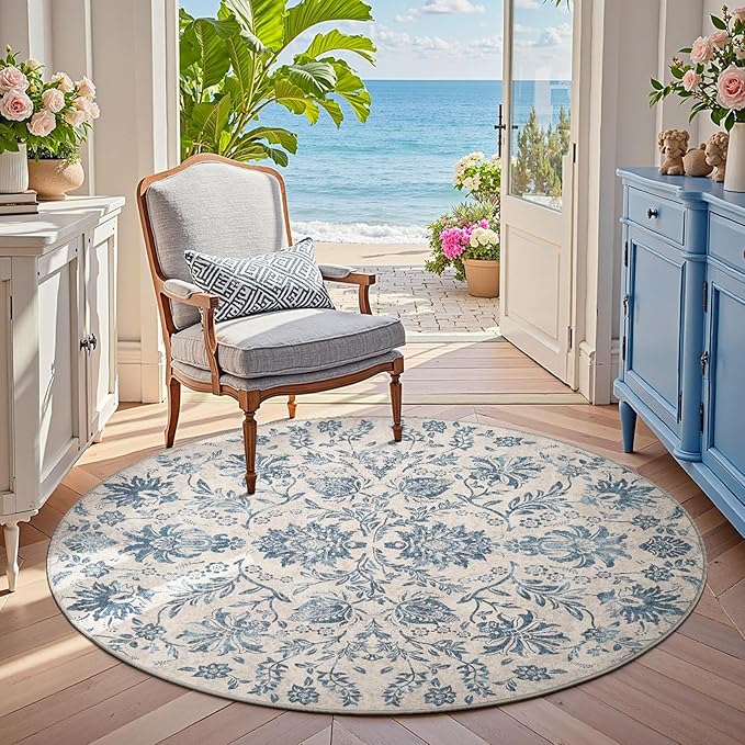 jinchan Torino Classic Floral Round Rug 5ft, Vintage-Inspired Design 5’Circle Rug, Machine Washable Ultra-Thin Low-Pile Non-Slip Indoor Carpet for Bedroom Dining Room Living Room Entryway, Dark Blue