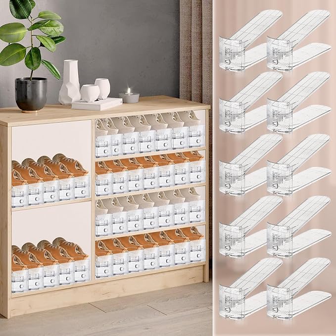 Transparent Shoe Slots Organizer for Closet, 20 Pack Shoe Stacker Organizer for Closet Shoe Display Space Saver,Adjustable Shoe Rack Organizer Holder for High Heels,Sneakers(Transparent)