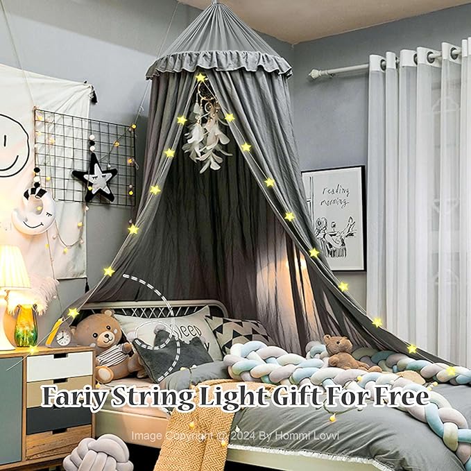 Bed Canopy for Girls, Dreamy Frills Ceiling Hanging Princess Canopy Bedroom Decoration Soft Canopy Net Reading Nook, Extra Large Full Queen Size Bed Canopies - Grey