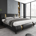 TTVIEW Modern Faux Leather Upholstered Platform Bed Frame with Golden Iron Metal Decor, Adjustable Curved Headboard, Wooden Slats Support, No Box Spring Needed, Queen Size, Black