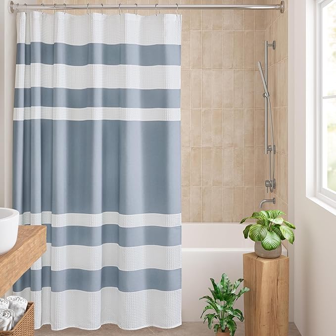 Madison Park Shower Curtain Waffle Weave Striped Pieced Design Fabric Shower Curtain Extra Long Premium Spa Quality Modern Shower Curtains for Bathroom Tall 72"x84" Blue
