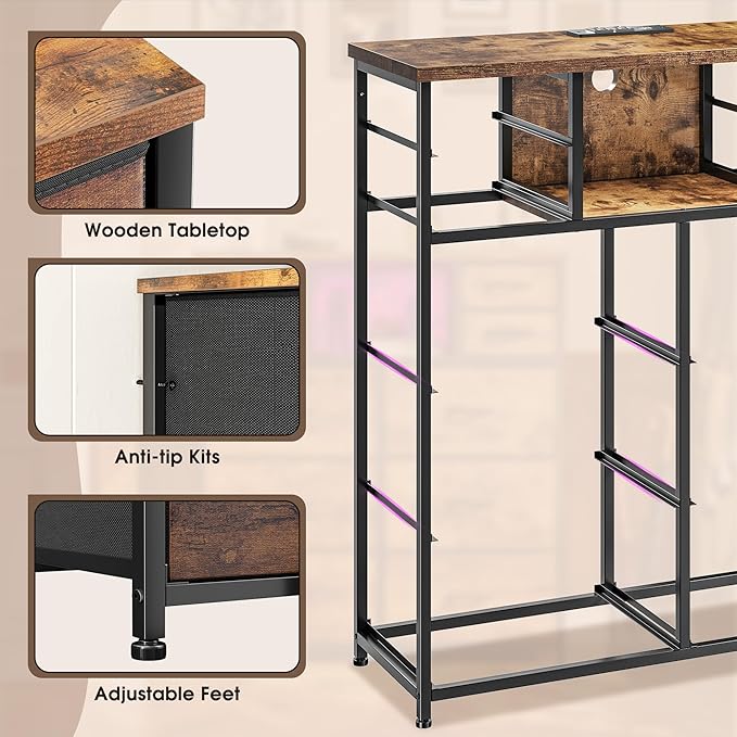 Dresser for Bedroom with 10 Drawers Featuring LED Light and Power Outlet, Fabric Dressers & Chest of Drawers with Open Shelves for Hallway, Living Room, Steel Frame,Wood Top, Rustic Brown