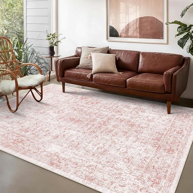 3x5 Rug, Small Area Rug for Living Room, Bedroom, Kitchen, Machine Washable Non-Slip Throw Rug, Vintage Distressed Floral Carpet for Entryway Nursery Dinner Room - Durable (Pink)
