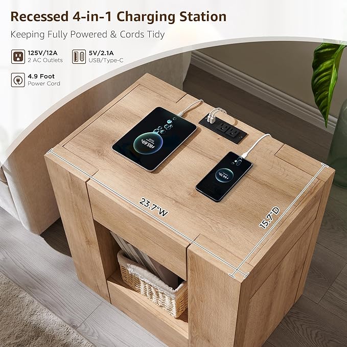 OKD Modern Nightstand with Charging Station, 24" Large Bedside Table, Rustic End Table with Drawers & Open Shelf for Bedroom/Living Room, Night Stand Wood Thick Design,Natural Oak