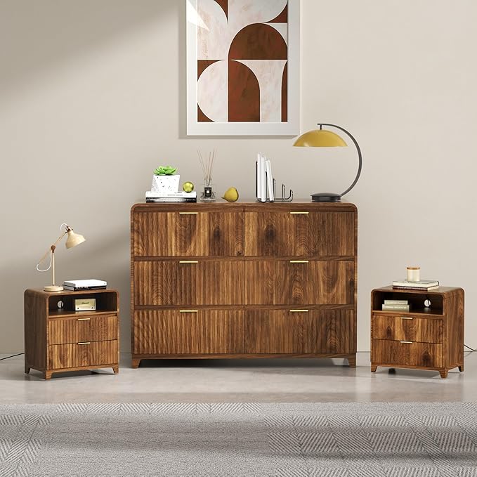 3 Pcs Dresser Closet Bedroom Set, 6 Drawer Fluted Dresser and Nightstand Set of 2 with Charging Station, Modern Bedside Table Chest of Drawers Storage Cabinet Set for Bedroom, Living Room, Walnut