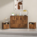 3 Pcs Dresser Closet Bedroom Set, 6 Drawer Fluted Dresser and Nightstand Set of 2 with Charging Station, Modern Bedside Table Chest of Drawers Storage Cabinet Set for Bedroom, Living Room, Walnut