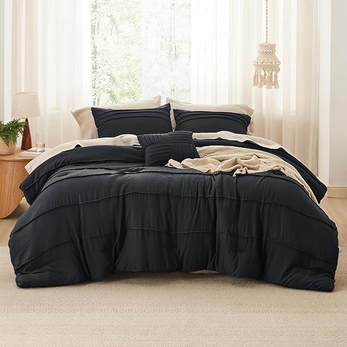 Bedsure Full Comforter Set - 4 Pieces Pinch Pleat Bed Set, Black Boho Bedding for All Season, 1 Soft Comforter, 2 Pillowcases, 1 Decorative Pillow