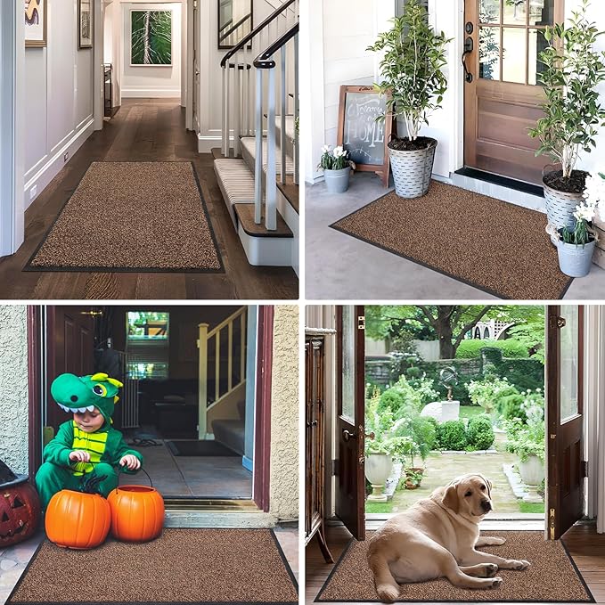 Mibao Front Door Mat, Dirt Trapper Welcome Mat for Outdoor Indoor, Non-Slip Waterproof Doormat, Durable Machine Washable Low Profile Entry Rug for Back Door Outside Patio Porch, 36" x 24", Brown