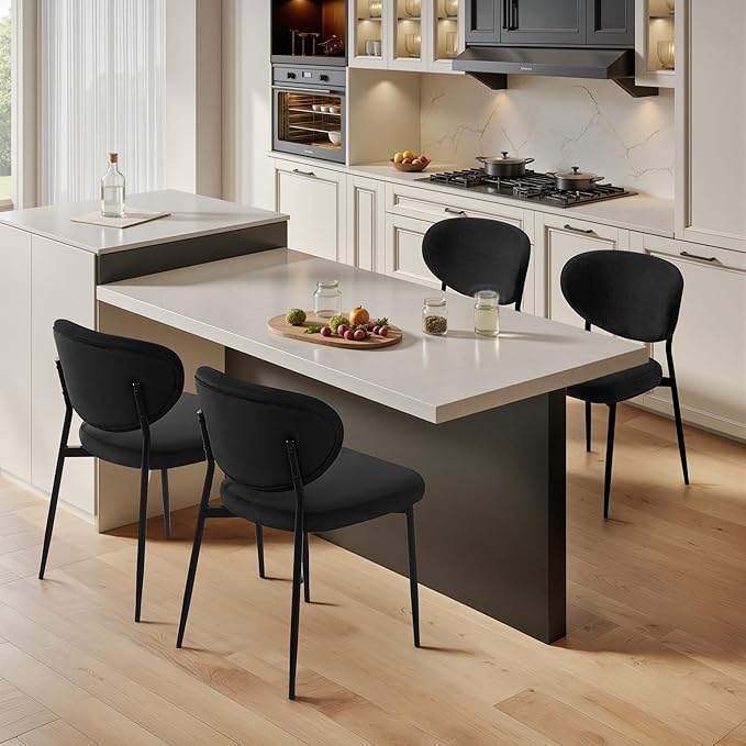 Black Dining Chairs Set of 4 Velvet Upholstered Kitchen & Dining Room Chairs Modern Crescent-Shaped Backrest Accent Side Chairs with Swivel Leveling Feet for Restaurant/Dining Table/Home