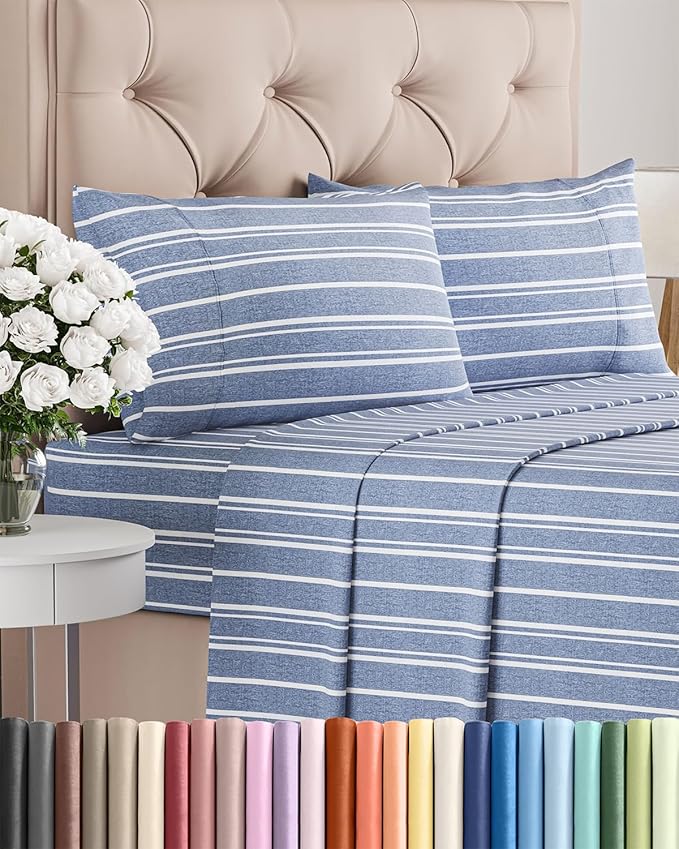 Twin XL 4 Piece Sheet Set - Cooling, Comfy & Breathable - Hotel Luxury Bedding Includes Fitted Sheet for Women, Men, Kids & Teens - 1 Flat, 1 Fitted Sheet, 2 Pillowcases w/Deep Pockets - Blue Stripes