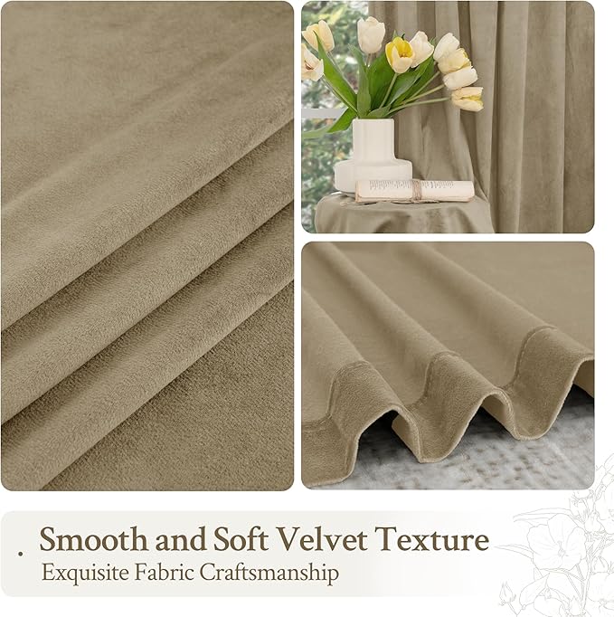 LAMIT Velvet Curtains 90 Inch for Living Room, Dark Taupe Thick Thermal Insulated Drapes Vintage Room Darkening Farmhouse Back Tab and Rod Pocket Panels for Bedroom, 2 Panels, 52 x 90 Inch