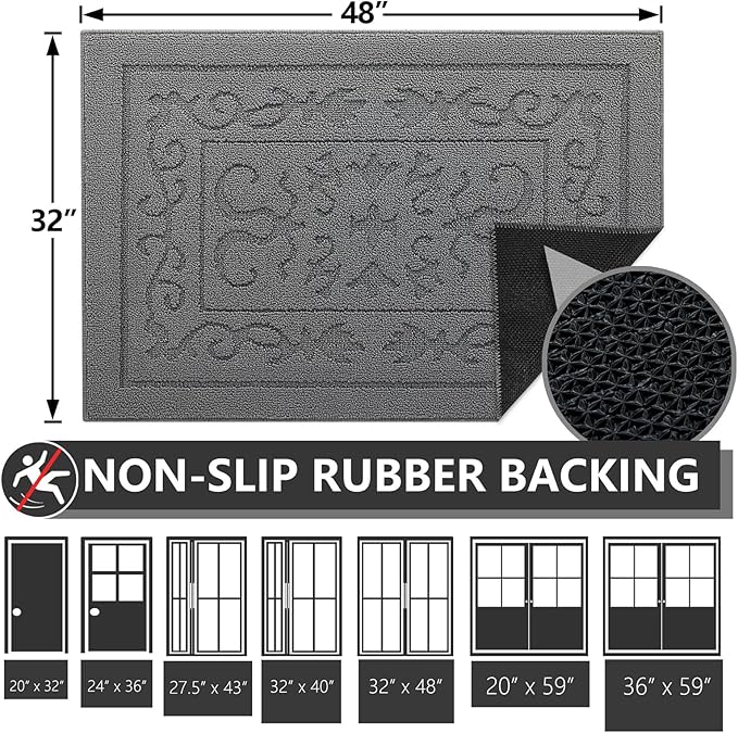 FONEYI Indoor Door Mat, Front Back Door Mat 32" x 48" Non-Slip Rubber Backing Door Rug, Machine Washable Entry Rug, Low Profile Absorbent Dirt Trapper Doormat Inside Floor Mats for Entryway, Grey