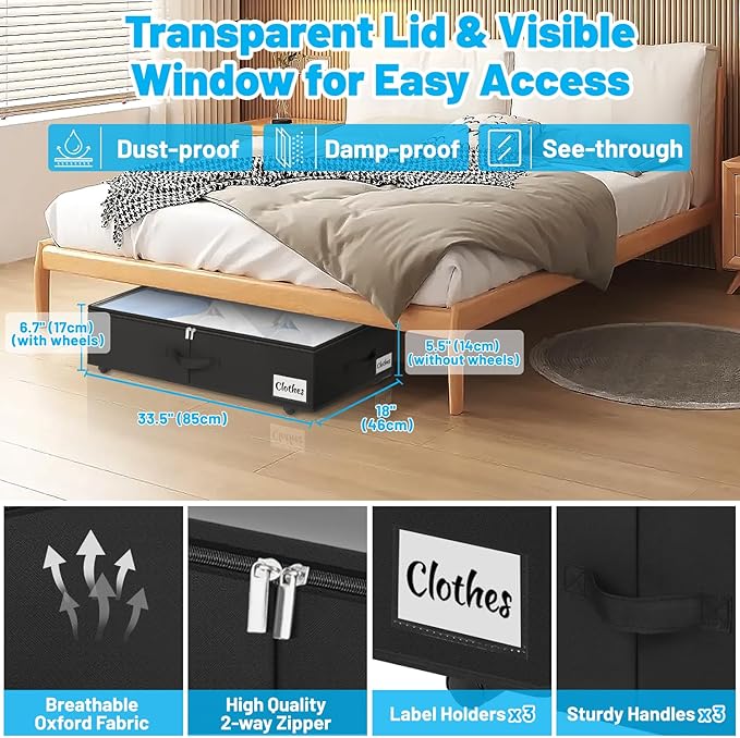 Under Bed Storage with Wheels, 2-Pack 6.7" Height XL 50L Rolling Storage Bins, Quick Assembly Underbed Shoe Storage Containers with Clear Lid & Label, Dorm Under bed Drawers for Clothes, Shoes, Black