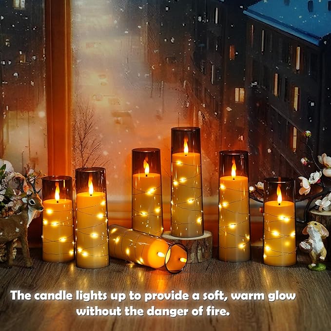 Flameless LED Candles with Timer 24 Pc Flickering Flameless Candles for Romantic Ambiance and Home Decoration Stable Acrylic Shell,with Embedded Star String，Battery Operated Candles（Grey）