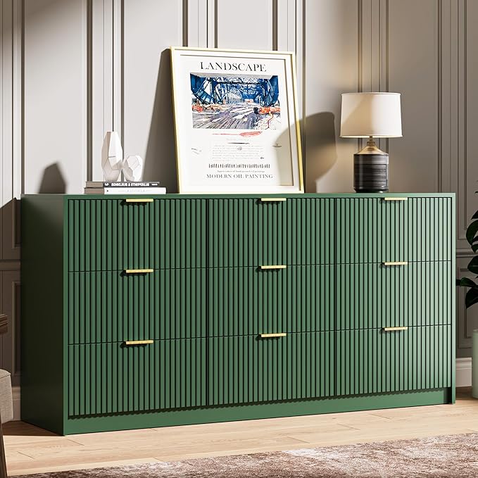 Green 9 Drawer Dresser for Bedroom, 63" Wide Modern Fluted Dresser with Gold Metal Handles, Chest of Drawers for Bedroom, Living Room, Entryway, Hallway