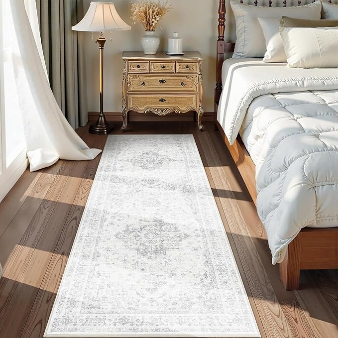 2x6 Hallway Washable Runner Rug Vintage Non-Slip Soft Kitchen Mat Boho Medallion Distressed Farmhouse Carpet Floral Low Pile Indoor Throw Rug for Entryway Bathroom Living Room Bedroom, Gray