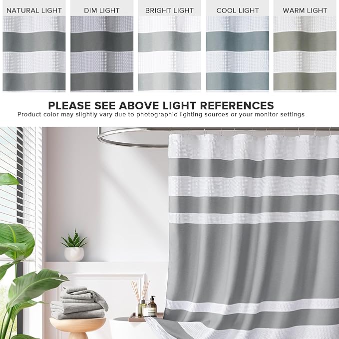 Madison Park Shower Curtain Waffle Weave Striped Pieced Design Fabric Shower Curtain with 3M Scotchgard Moisture Management Premium Spa Quality Modern Shower Curtains for Bathroom Stall 54"x78" Grey
